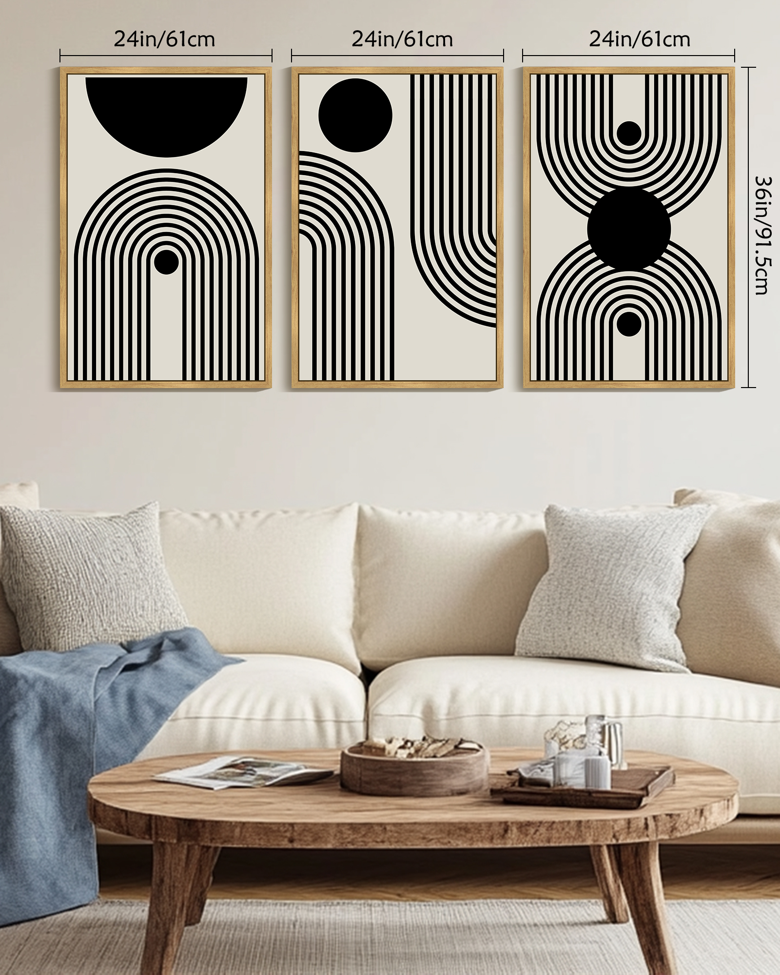 SHENIFY 24x36in3pcs Natural Framed Black Abstract Boho Wall Art Decor Bohemian Canvas Prints Ready To Hang