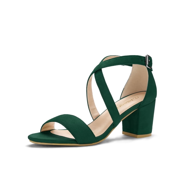 BLISSFUL STEP Women's Open Toe Cross Strap Mid Block Heel Sandals Green 7