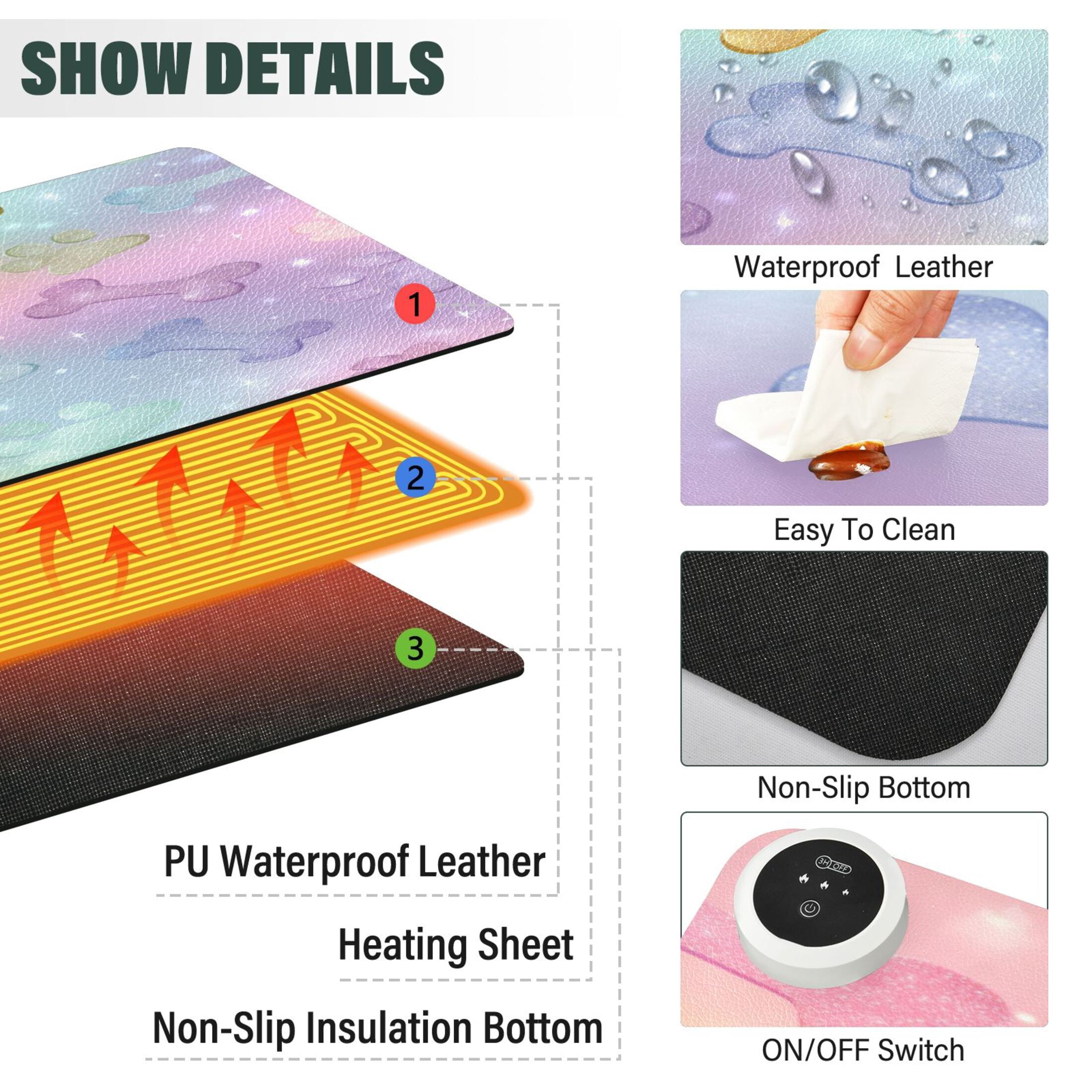 Large Heated Desk Mat Mouse Pad 31.5"x13"PU Leather Graphene Heating Desk Warmer with 3 Temperature Settings 110V US Plug Non-Slip Warm Pad for Home, Office, and Gaming Candy Glitter Puppy Party