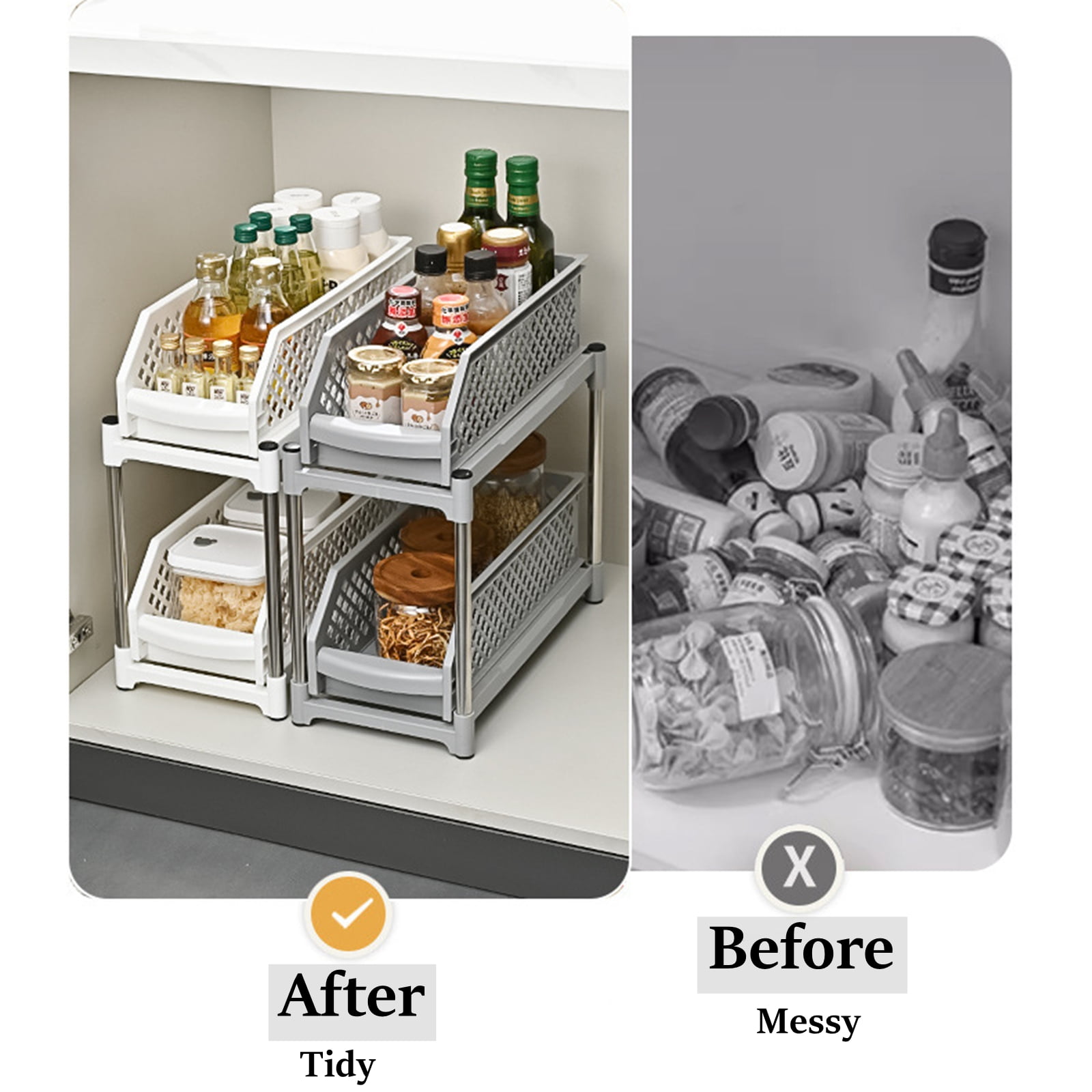 Bxaolu Bathroom Organizer, 1Pack 2 Tier Stackable Under Sink Organizers and Storage Cabinet Organizers for Bathroom Kitchen Pantry Organization and Storage, Plastic Cabinet Organizer, Gray