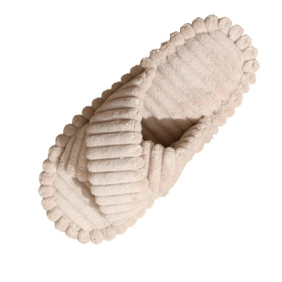 Xfvqtps Women Fluffy Slippers Cross Strap Stripe Open Toe Versatile Indoor Home Funny Winter Non-Slip Thick Sole Plush Slippers Khaki