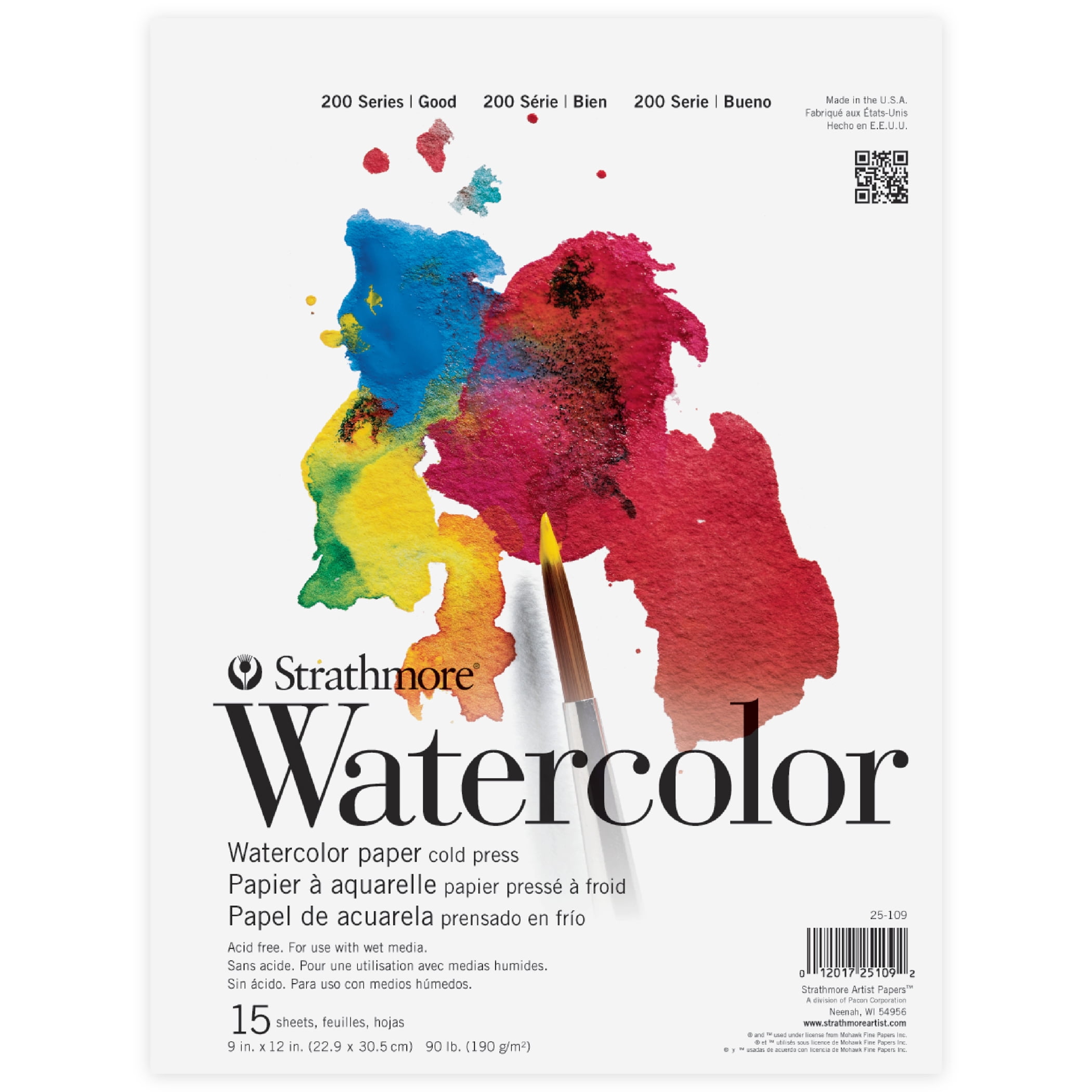 Strathmore 200 Series Watercolor Pad, Tape Binding, 15 Sheets, 9x12 inch, Pack of 3
