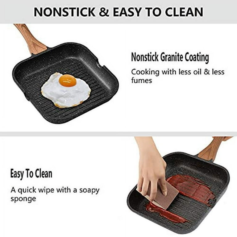 ESLITE LIFE Nonstick Grill Pan for Stove Tops with Lid Induction Steak  Bacon Pan with Silicone Kitchen Tong and Pour Spouts Granite Coating, 11  inch 