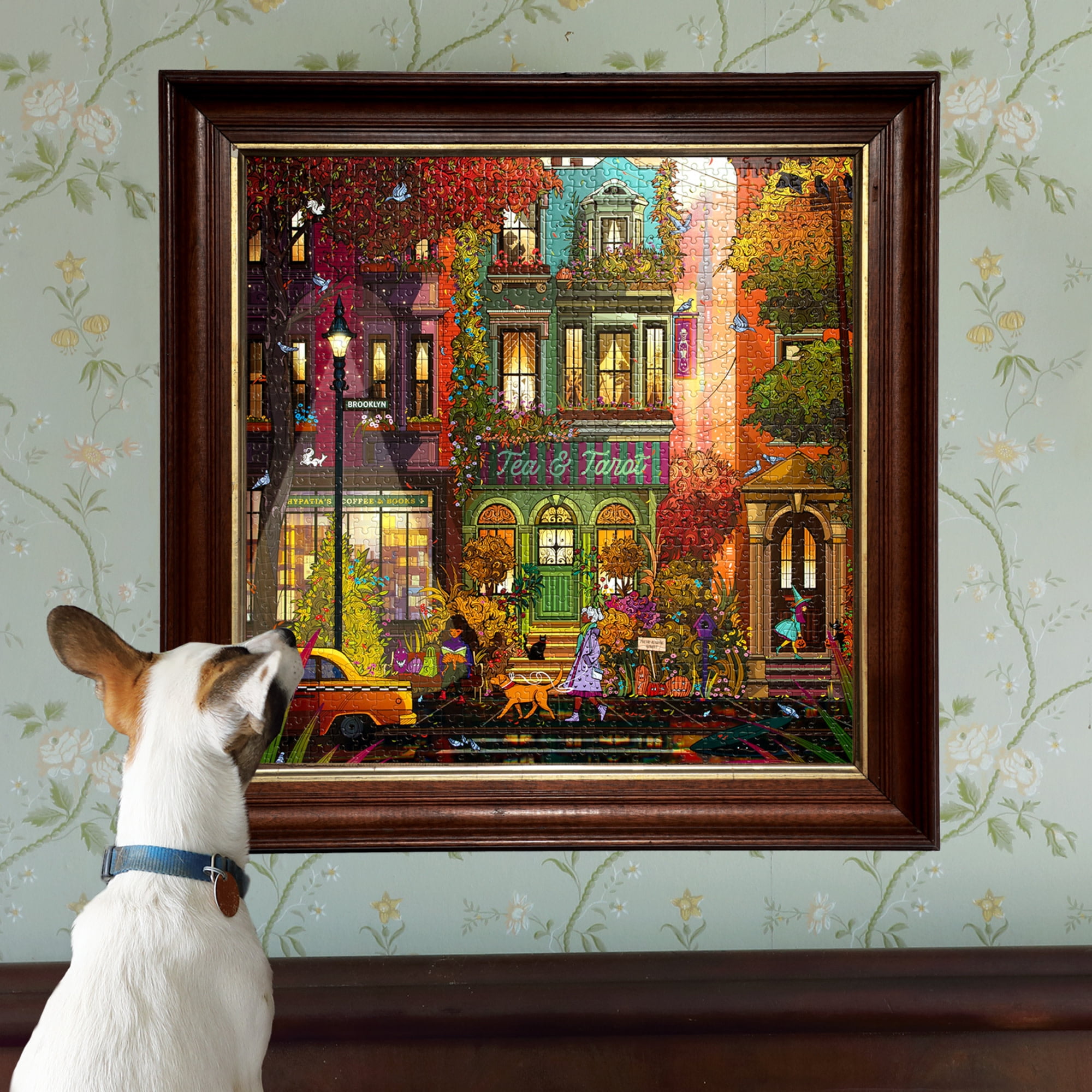 eeBoo Piece & Love: Fall In Brooklyn - 1000 Piece Puzzle - Square Adult Jigsaw, Laura El's Autumn Twilight City Street Scene, Eco-Friendly, Playlist