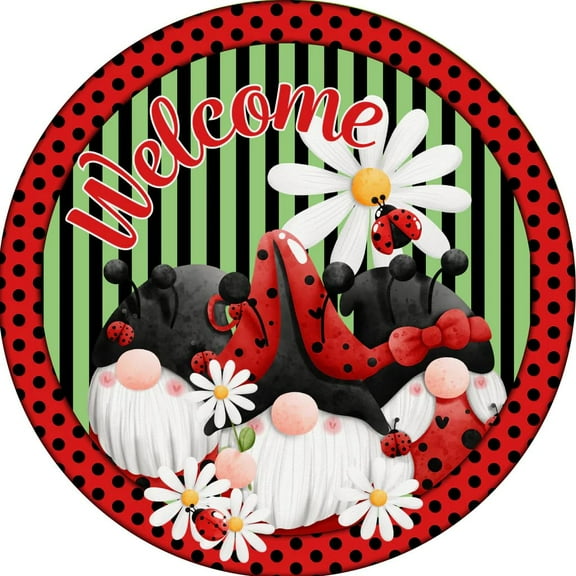 Round Metal Tin Sign Ladybug Gnome Sign Wreath Sign Door Decorretro Metal Tin Sign Wreath Sign Wall Decor For Home Kitchen Living Room Wall Decoration 8"x8"