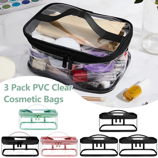 Muyoka 3 bolsas de maquillaje transparentes, bolsas de cosméticos transparentes, bolsa de viaje de aseo portátil de PVC, bolsa de almacenamiento impermeable con cremallera, organizador con asa para ba Muyoka Hogar