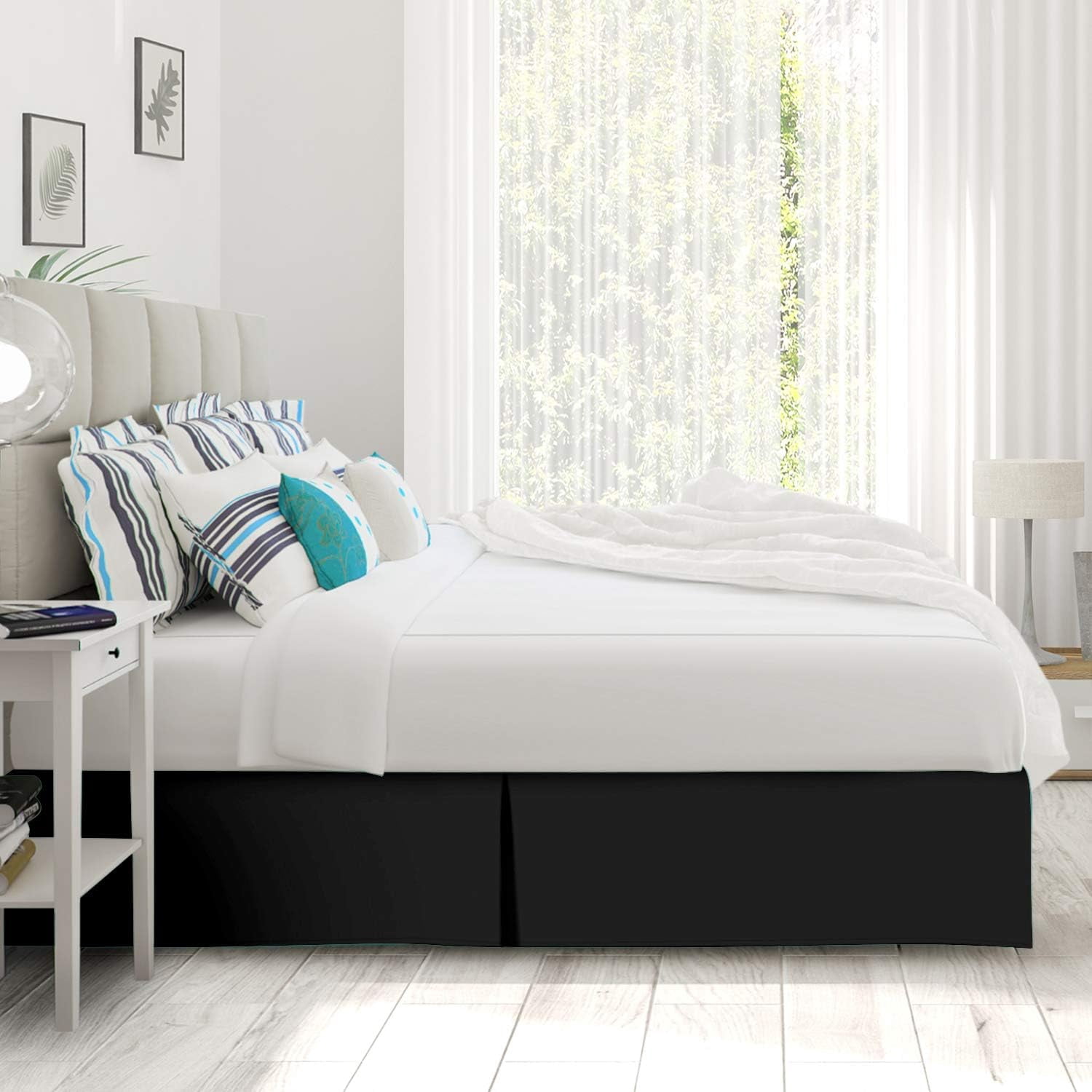 Olympic Queen Size Pleated Bed Skirt, Black, 10 Inch Drop, 120 GSM Microfiber, Wrinkle-Free, Fade Resistant, Easy Fit Box Spring Cover