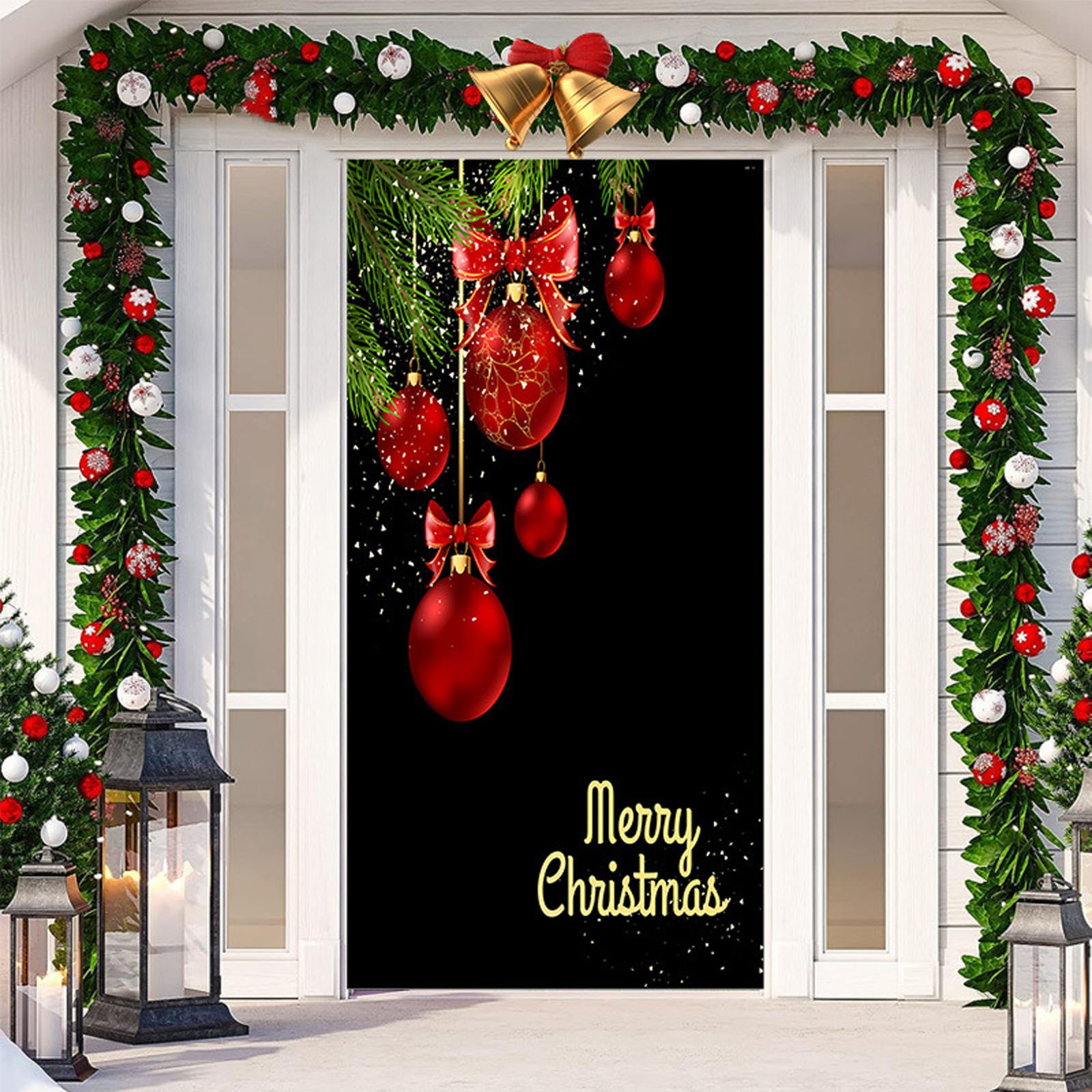 Rideau De Porte Noël - Décoration Porte D'entrée - Tissu Polyester Imprimé Motifs Fêtes - Chalet Hiver