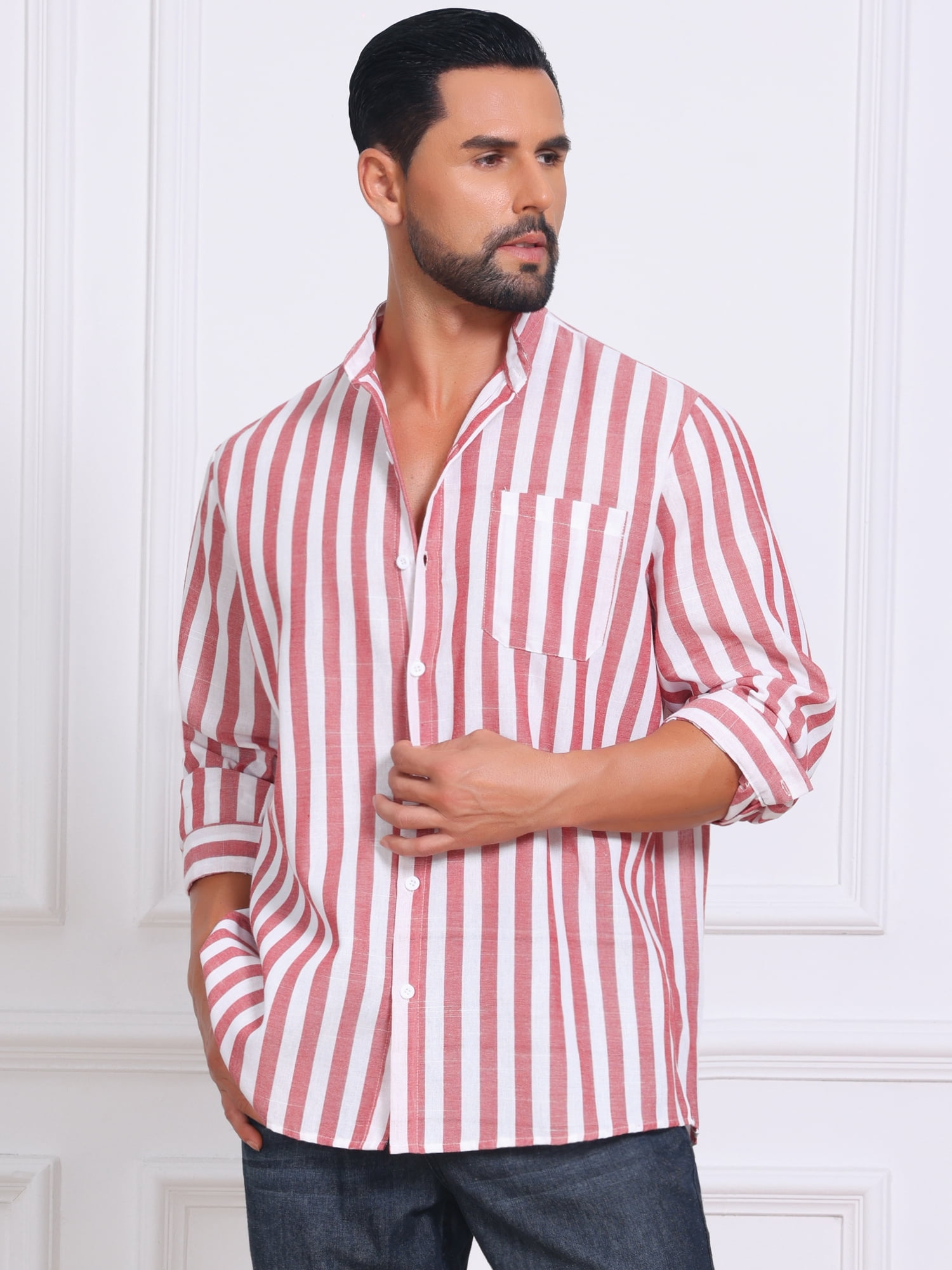 DARING DIVA Men's Striped Stand Collar Long Sleeve Button Down Shirt L Red