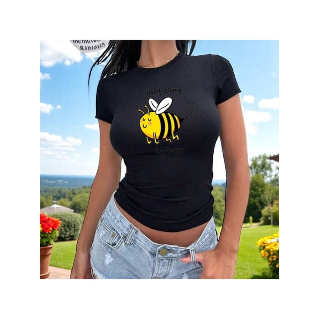 Playera Bee Happy, Don´t Worry – No te preocupes, Sé Feliz y ¡Zumba Con Estilo! Color Negro Talla Chica Marca Emil SaEs