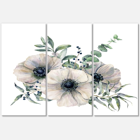 Designart ' Eucalyptus Leaves With White Anemone Bouquet ' Traditional Canvas Wall Art Print