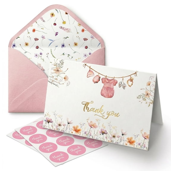 60 Pack Baby Shower Thank You Cards, Blank Cards bulk with Envelopes & Stickers for Baby Shower Birthday, Pink Clothes Cards, 4 x 6 inches