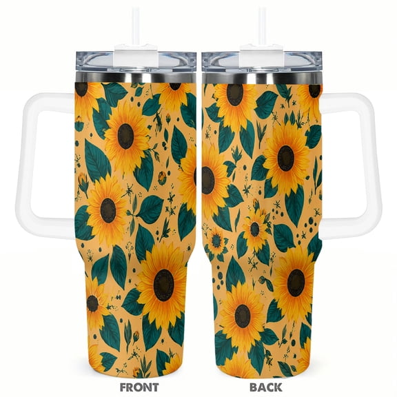 40oz Sunflower Travel Tumbler with Handle and Straw Lid Yellow Floral Insulated Car Coffee Cup Gift for Women