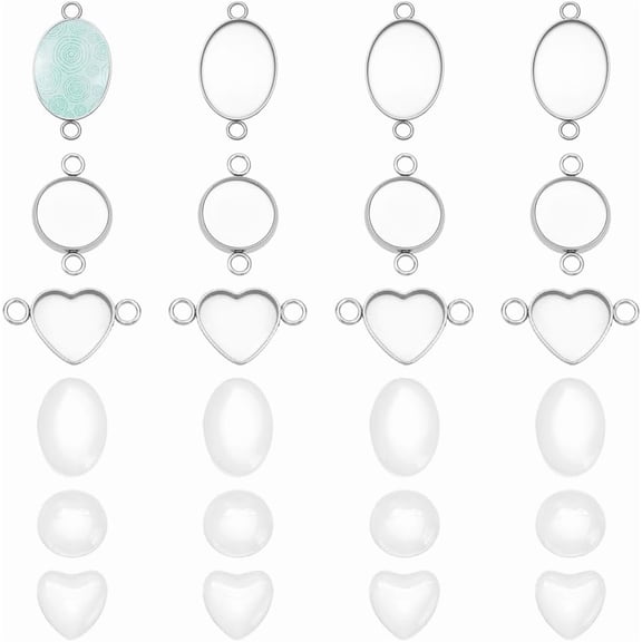 30 Sets Oval/Flat Round/Heart Bezel Blank Pendant Stainless Steel Blank Links with Cabochons Cabochon Connector Setting Pendant Bezel Trays