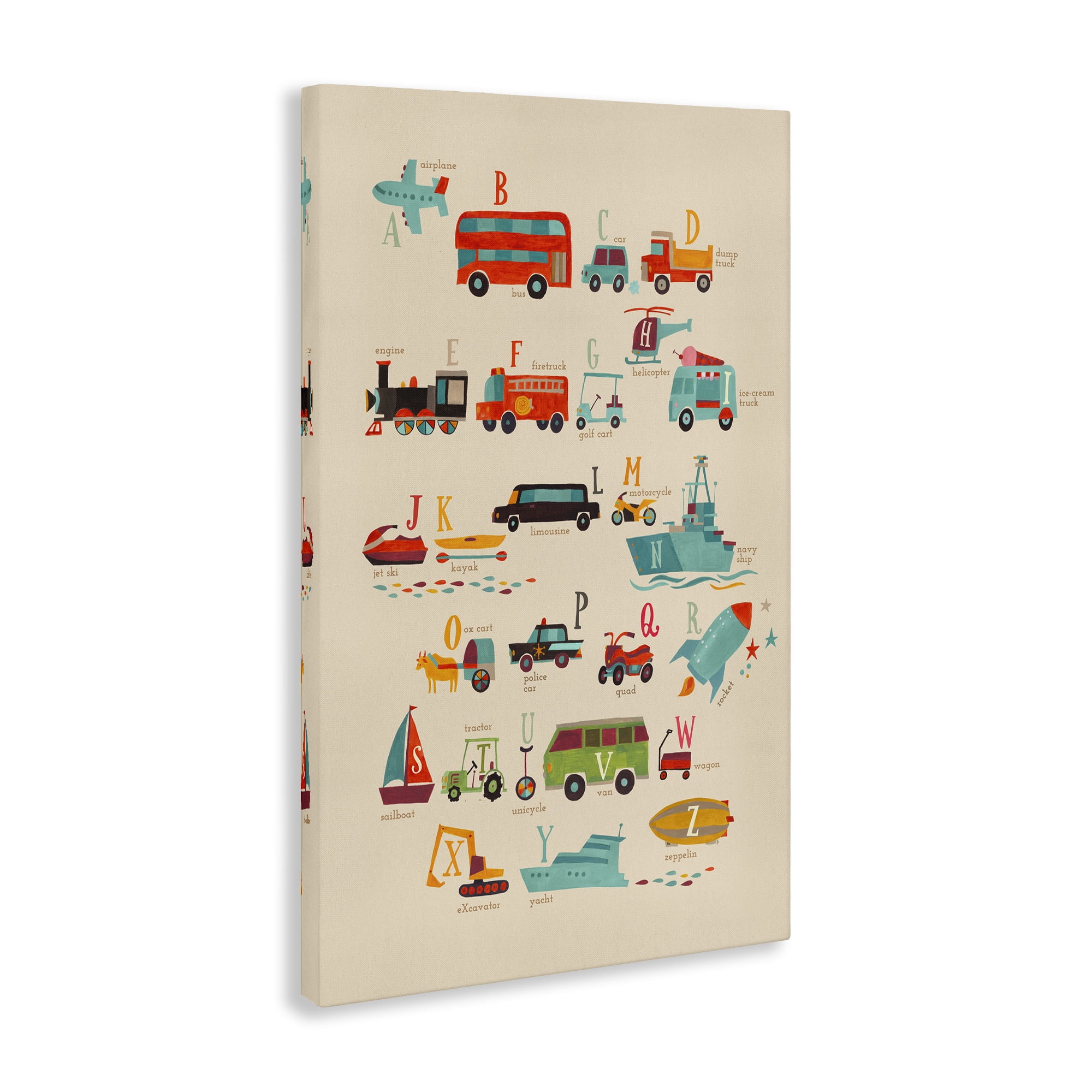Stupell Industries Varied Transportation Alphabet Education Painting Wrapped Canvas Art Print Wall Art, 20 x 30