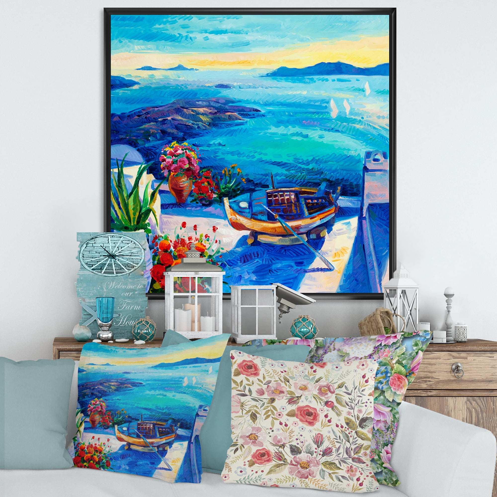 Designart 'Little Red Flowers With Sea View' Nautical & Coastal Framed Canvas Wall Art Print