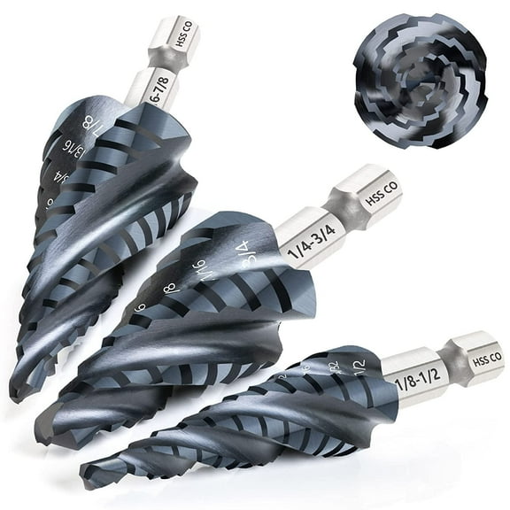 Matework M35 Cobalt Step Drill Bit Set, Four Spiral Flute Step Bit (1/8"-7/8") Wear-Resistant TiAlN Coated, 1/4" Hex Shank Unibit for Metal, Wood, Stainless Steel, Plastic (3Pcs, 20 Size)