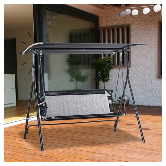 2-Seater Patio Swing Chair, Outdoor Porch Swing with Canopy, Black Steel Frame