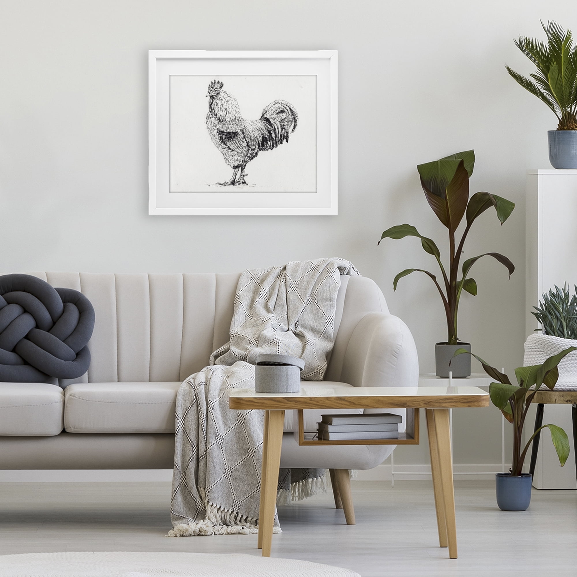 Stupell Industries Rooster in Charcoal White Framed Print Under Glass, design by Leah Noel Art