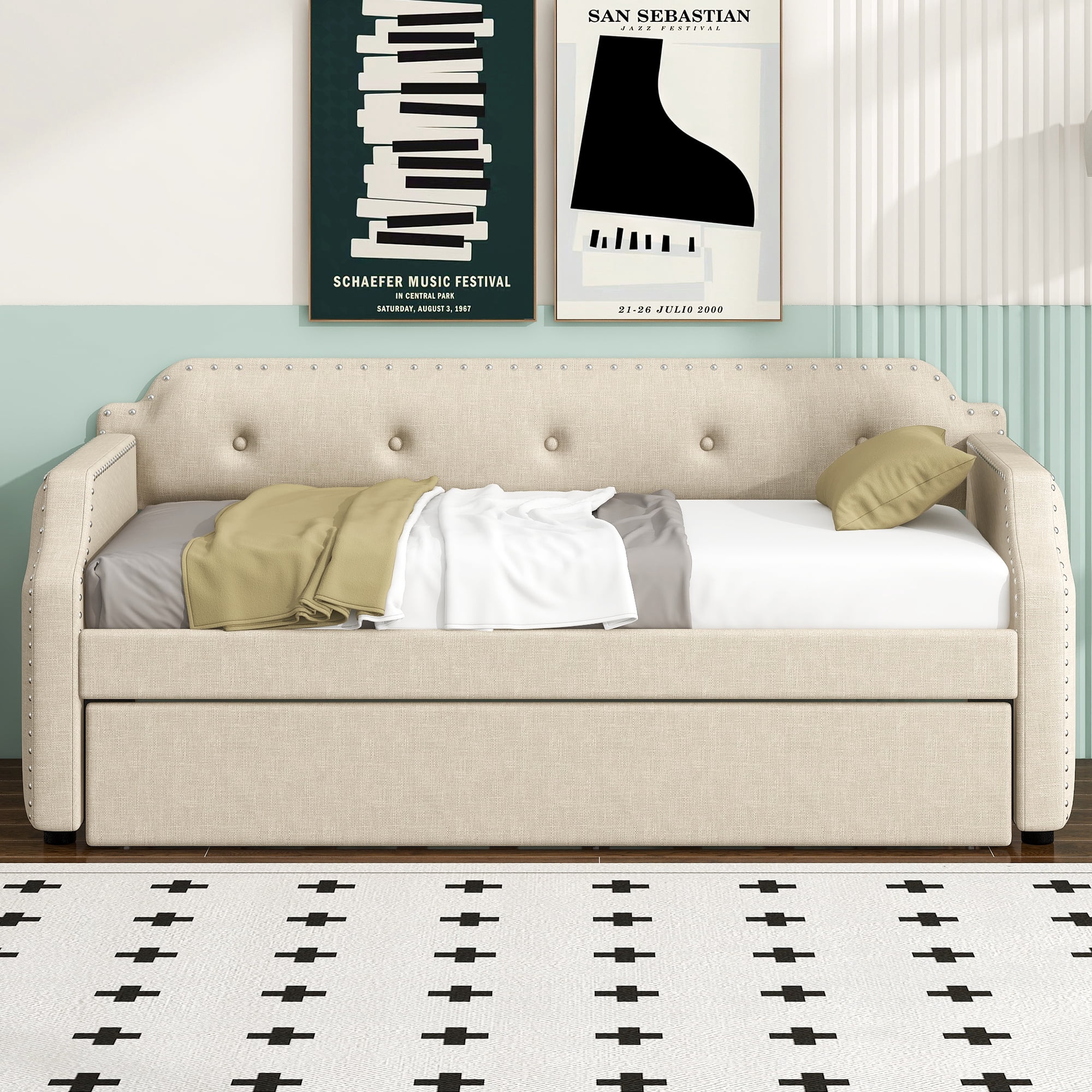 Euroco Upholstered Twin Size Daybed with Trundle, Beige