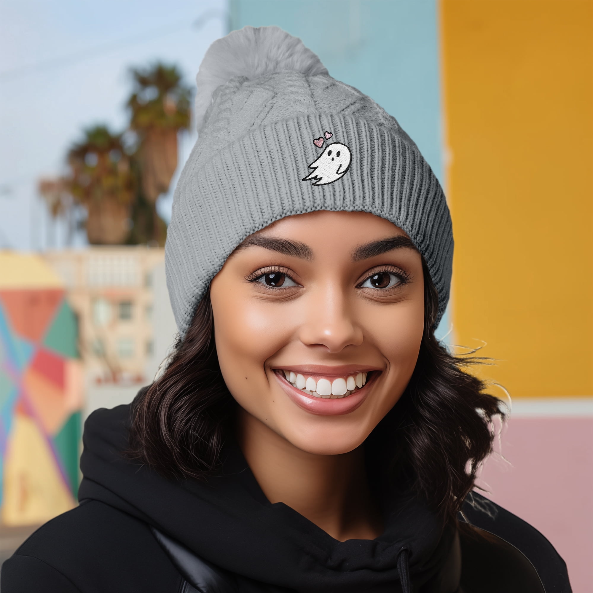 Dalix Heartly Ghost Cable Knit Pom Beanie Soft Stretch Skully Warm Fuzzy Faux Sherpa Winter Ski Beanie in Gray