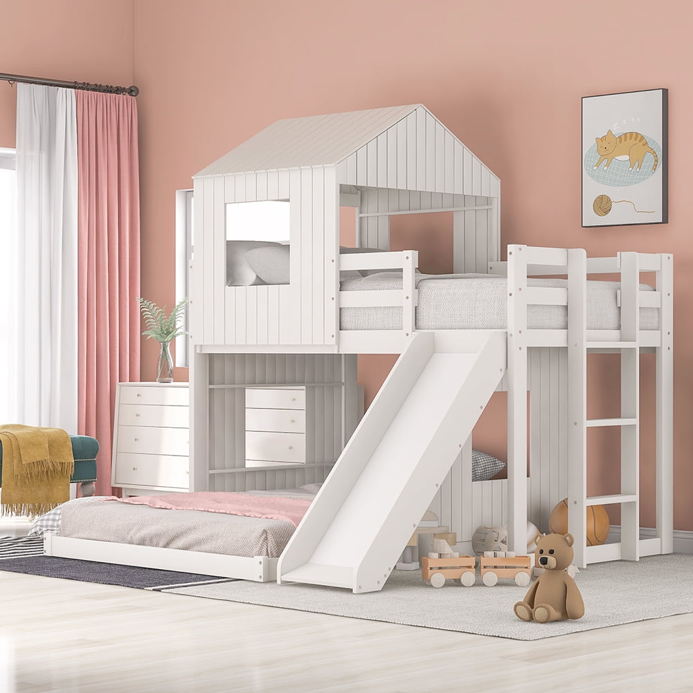 Private Jungle Wooden Twin Over Full Bunk Bed, Loft Bed with Playhouse, Farmhouse,Ladder,Slide and Guardrails,White