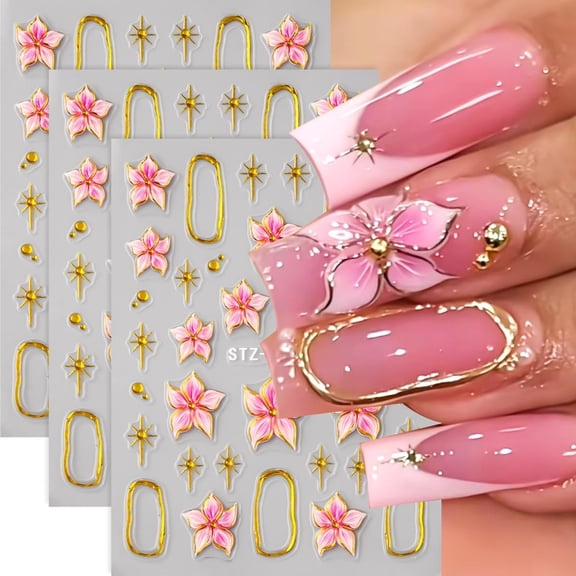 RAGUPEL Flower Nail Art Stickers Decals, 3 Sheets 5D Embossed Self Adhesive Stickers Pink Lily Floral Design Gold Frame Stars Nail Decoration for Women Girls Cute Nail Sticker