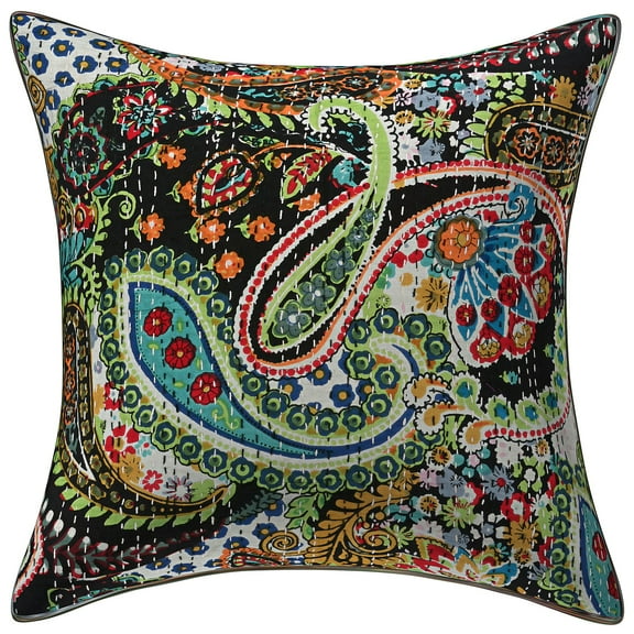 Stylo Culture Indian Couch Throw Pillow Cover 16 x 16 Floral Kantha Black Printed 40 x 40 cm Bedroom Decor Pillowcase Cotton Paisley Square Cushion Cover | 1 Pc