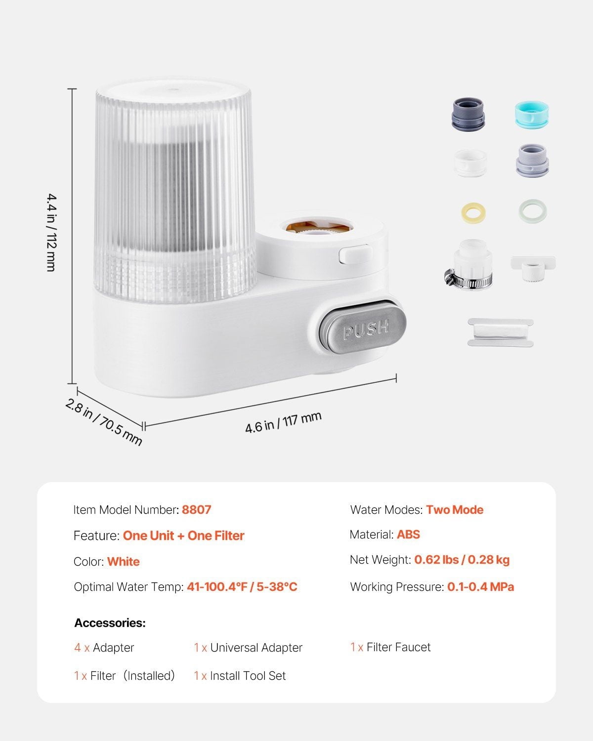 White Faucet Mount Water Filter – Kitchen Sink Water Purifier with 3-Stage Filtration, High Flow Rate