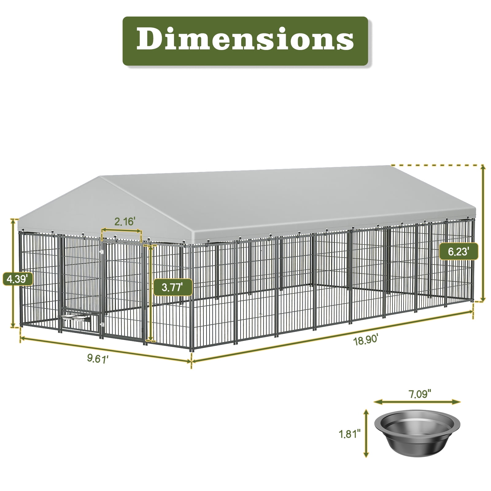 VEPXXP Large Outdoor Dog Kennel 18.9'x9.61'x6.23' Metal Pet Enclosure with Roof & Rotating Feeders