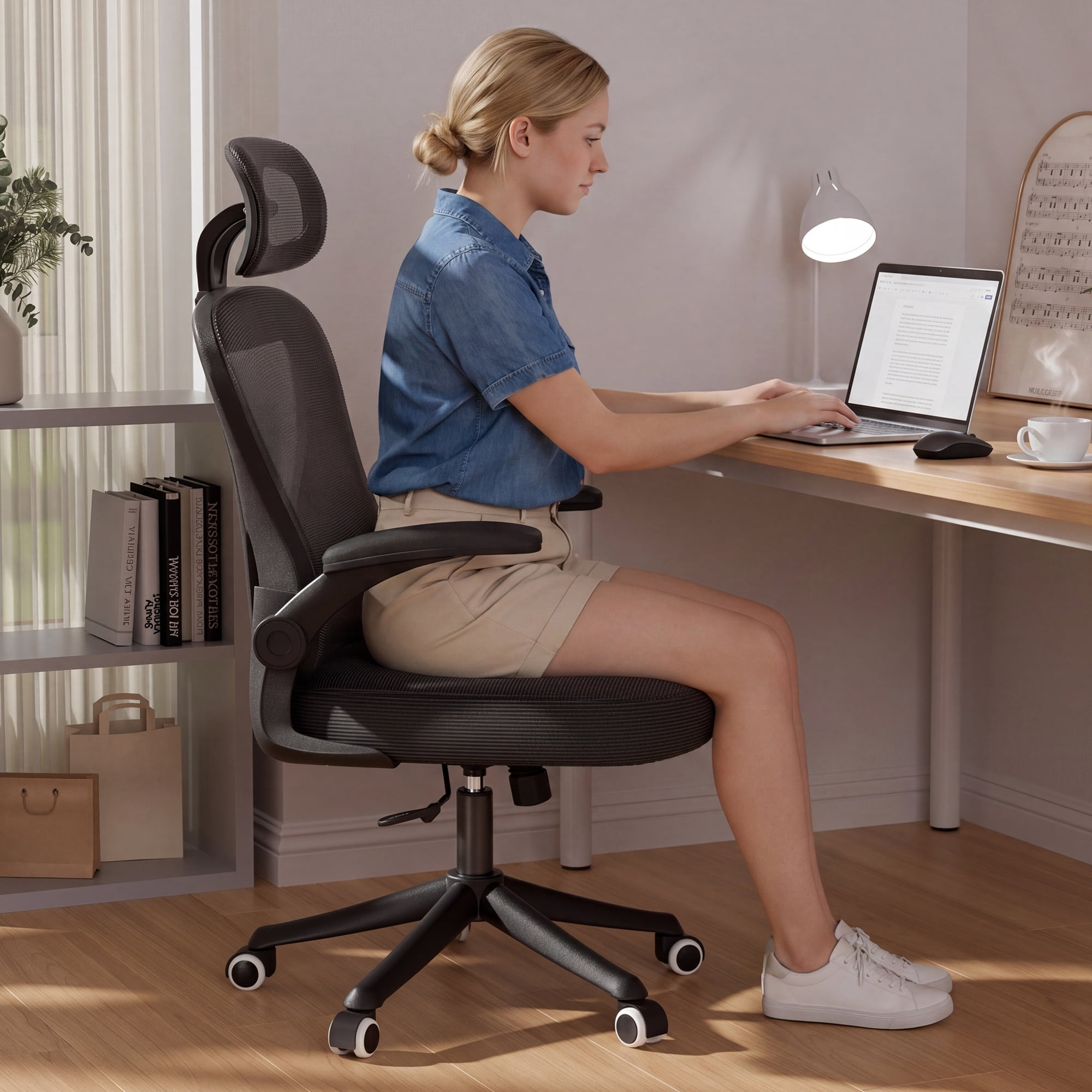 iooHug Ergonomic Mesh Office Chair with Adjustable Lumbar Support, Computer Desk Chair with Headrest, Flip-Up Arms, Black