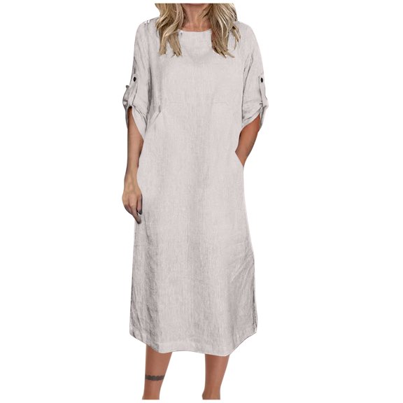 QUNYINEY Short Sleeve Summer Dresses for Women Solid Casual Long Dresses Flowy Loose Fit with Pockets Crew Neck Shift Dress
