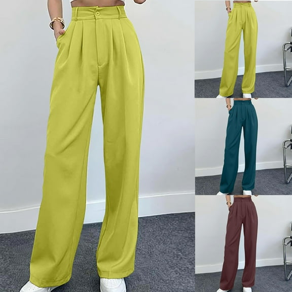 pstuiky Casual Pants for Women, Solid Color Casual Long Straight Leg High Waisted Outfits for Vacation Simple Womens Workout Pants Holiday Gifts Coffee L