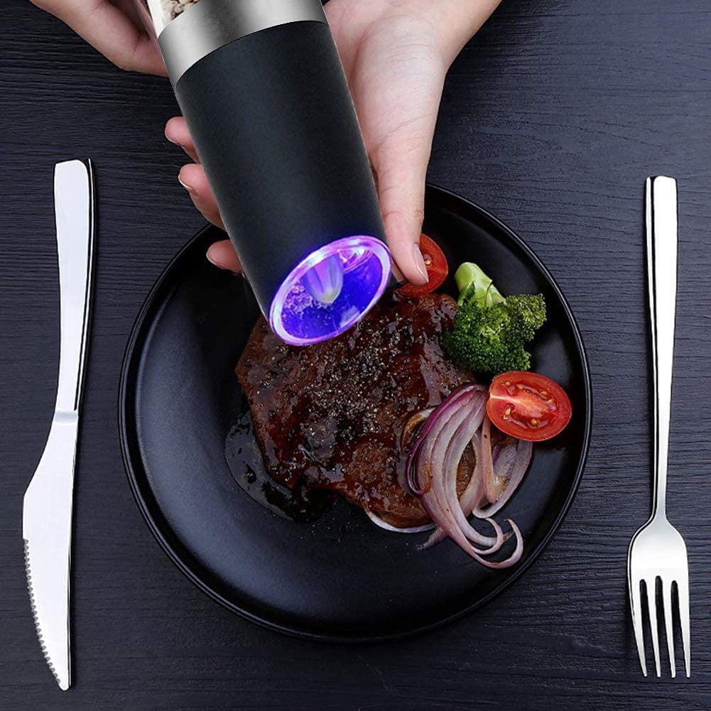 Automatic Salt and Pepper Grinder Set, Gravity-Activated Electric Grinders with Adjustable Coarseness, LED Light, and One-Handed Operation, Ideal for Spices,Battery Operated (Black,2Pack)