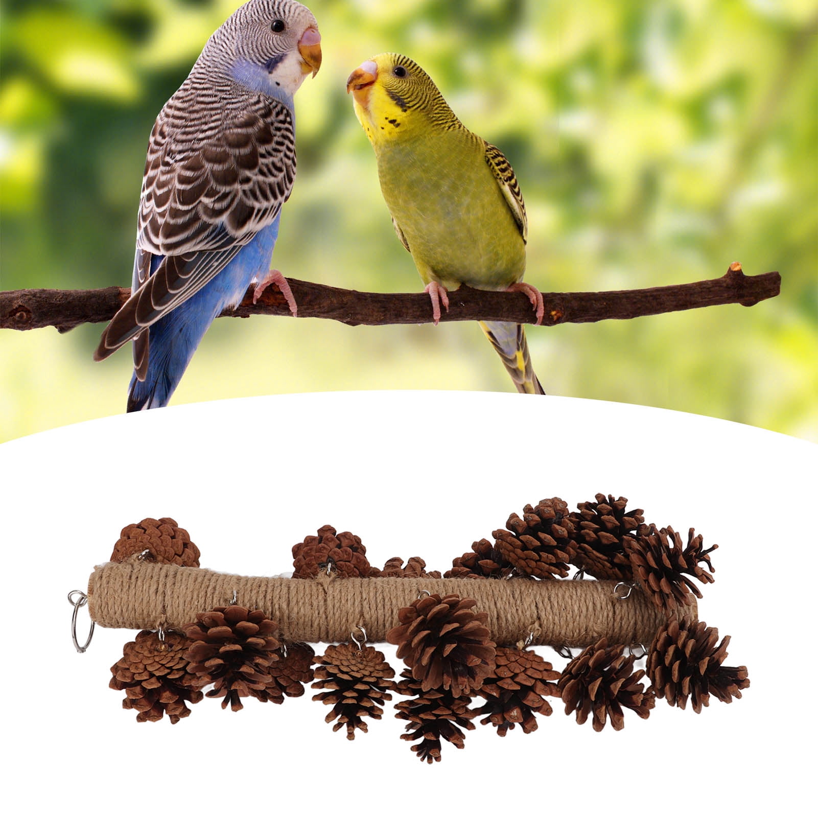 YAHHU Birds Bite Toy Wooden Pine Cone Hanging Parrots Beak Grinding Toy with Metal Hook for Cage 15.75 inches / 40 cm Natural Molar Chew Accessory for Macaws Cockatoos