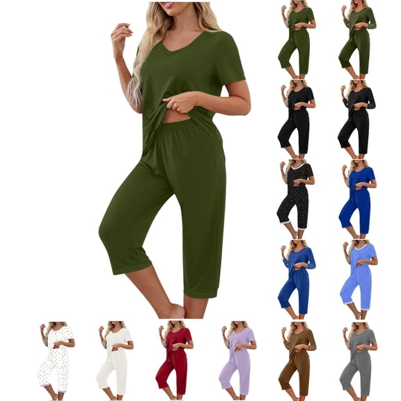 GUACER Women's V Neck Pajama Set Short Sleeve Shirt and Capri Pants 2 Piece Loose Fit Lounge PJs
