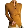 thumbnail image 3 of Women'S Knit Basic Sweater Elegant Stand Collar Button Slim Fit - Slit Long Sleeve Pullover Tops Orange Color S, 3 of 7
