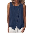 thumbnail image 3 of akafmk Women's Linen Sleeveless Shirts Fashion Button Crew Neck Soft Loose Summer Tank Tops, 3 of 7