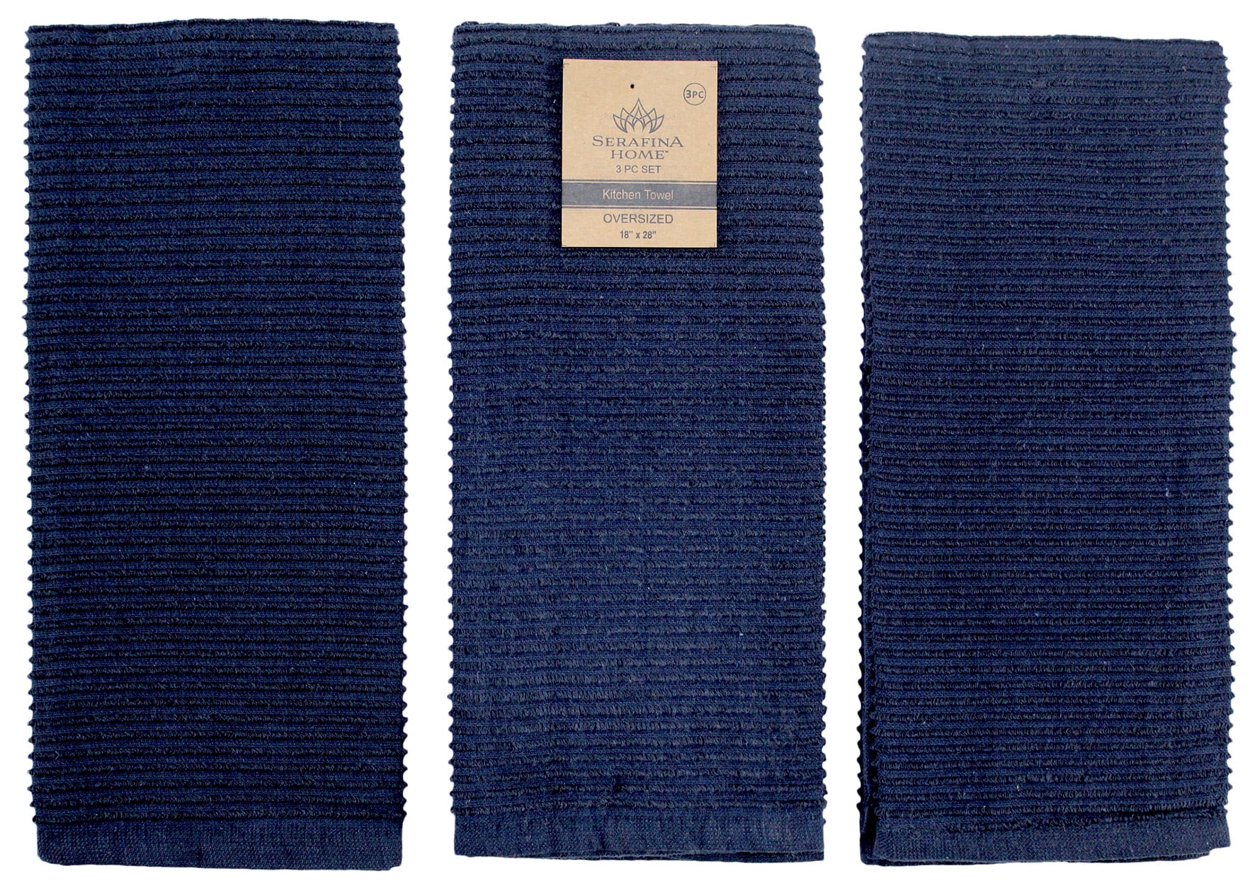 Serafina Home Oversized Solid Color Dark Navy Kitchen Towels: 100% Cotton Soft Absorbent Ribbed Terry Loop, Set of 3 for Multi Purpose Everyday Use