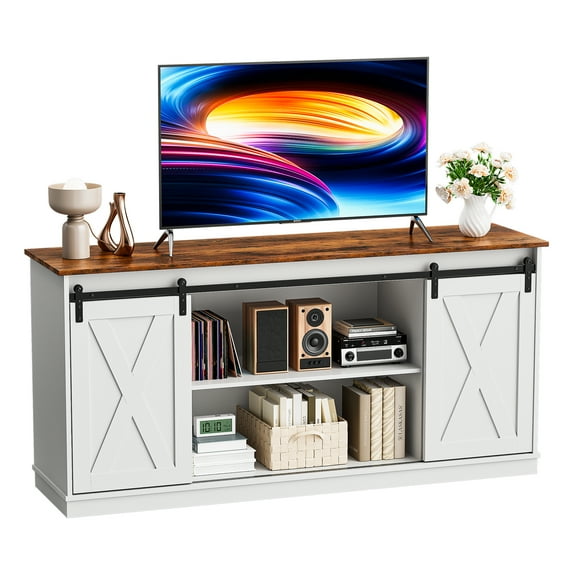 EDX TV Stand for 65" TV, Modern Entertainment Center for Living Room, TV Console Table with Storage Cabnets and Sliding Barn Doors, White