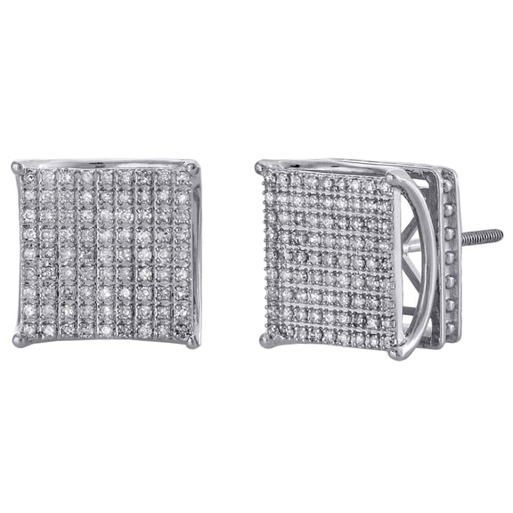 10K White Gold Pave Set Dimaond 4 Prong 3D Square 12.25mm Stud Earrings 0.50 CT.