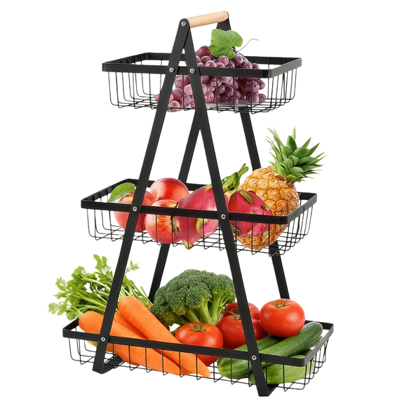 3-Tier Metal Fruit and Vegetable Basket with Wooden Handles - Kitchen Counter Organizer, Black