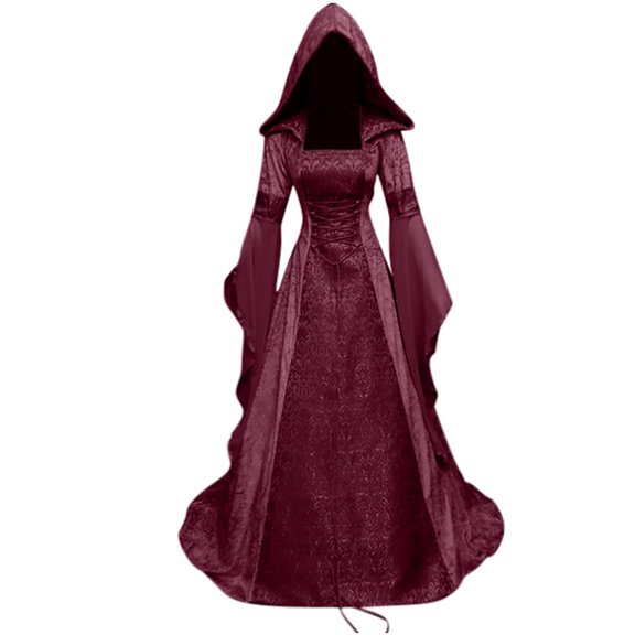 Xijirk Women's Gothic Hooded Maxi Dress Square Neck Bell Sleeve Jacquard Lace Up Medieval Cosplay Gown for Halloween Renaissance Party,M