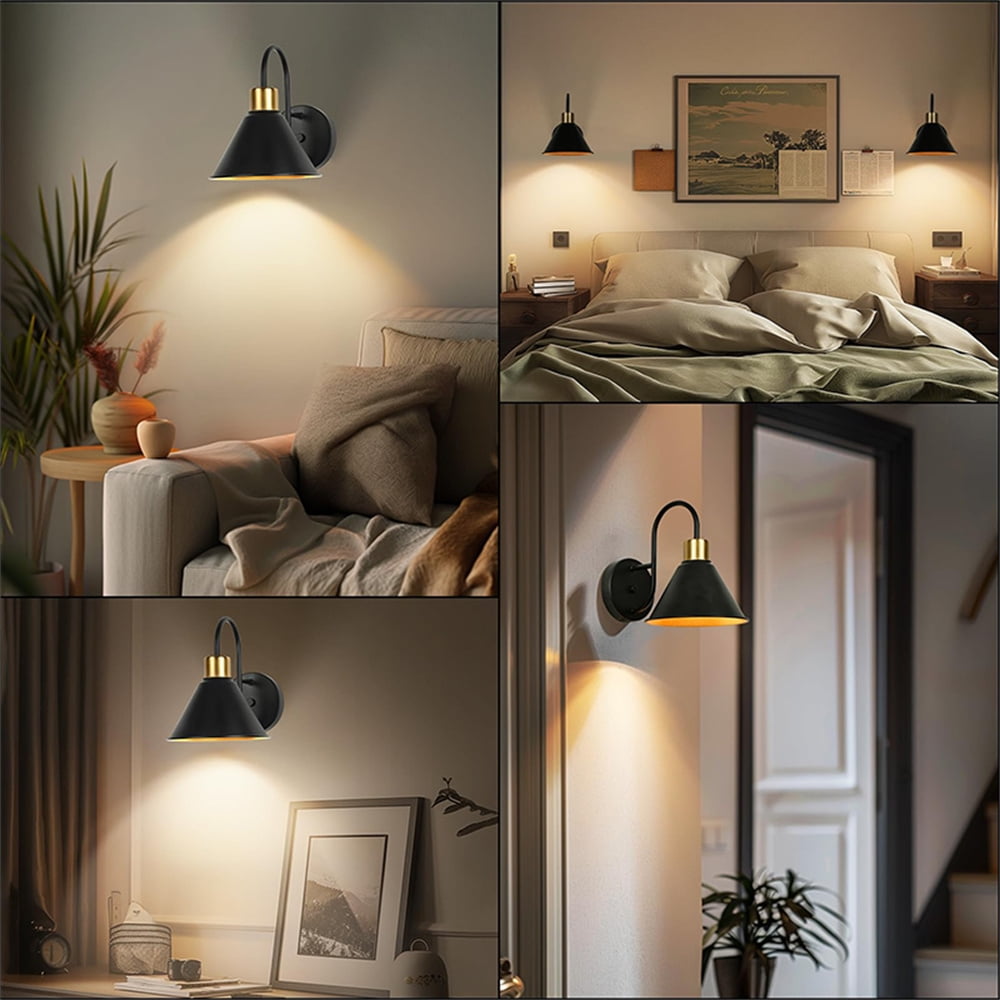 Jercoda 2 pack LED Battery Operated Wireless Wall Sconces with Remote Control, Arm Wall Lights, Industrial Black Metal Lampshade Rechargeable Wall Lamps for Bedroom, Living Room, Kitchen, Set of 2