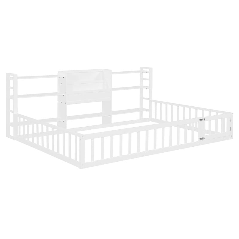 Full Size Floor Bed Platform Bed with Side Bookcase and 3-Tier Storage Shelves, Solid Wood Low Profile Montessori Floor Bed with Safety Guardrails for Kids, Boys, Girls