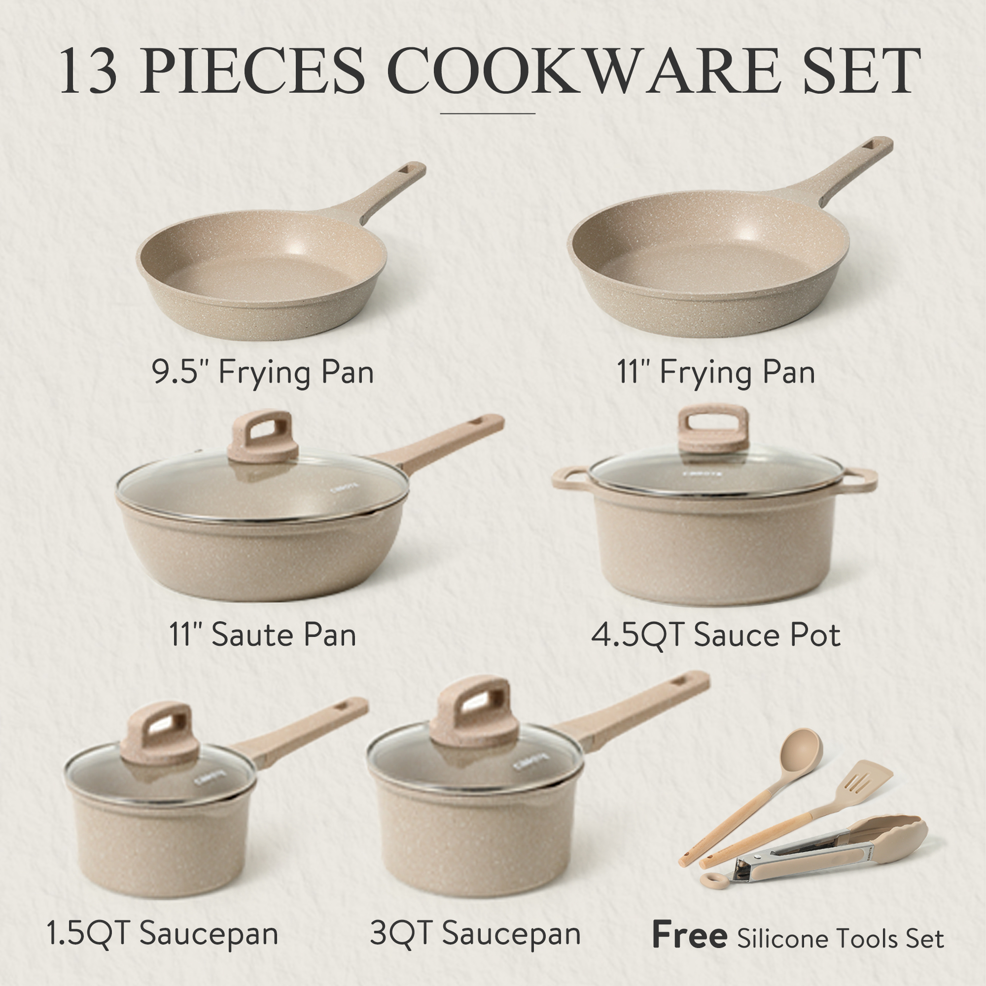Carote Nonstick Pots and Pans Set, 13 Pcs Induction Kitchen Cookware Sets(Taupe Granite) - image 2 of 7