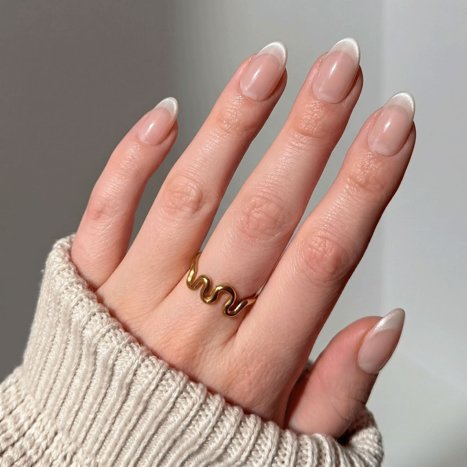 CuteHelper Soft Nude Frenchies Press-On Nails - 24PCS Medium Almond, Pearl Shimmer Finish, Salon Quality DIY