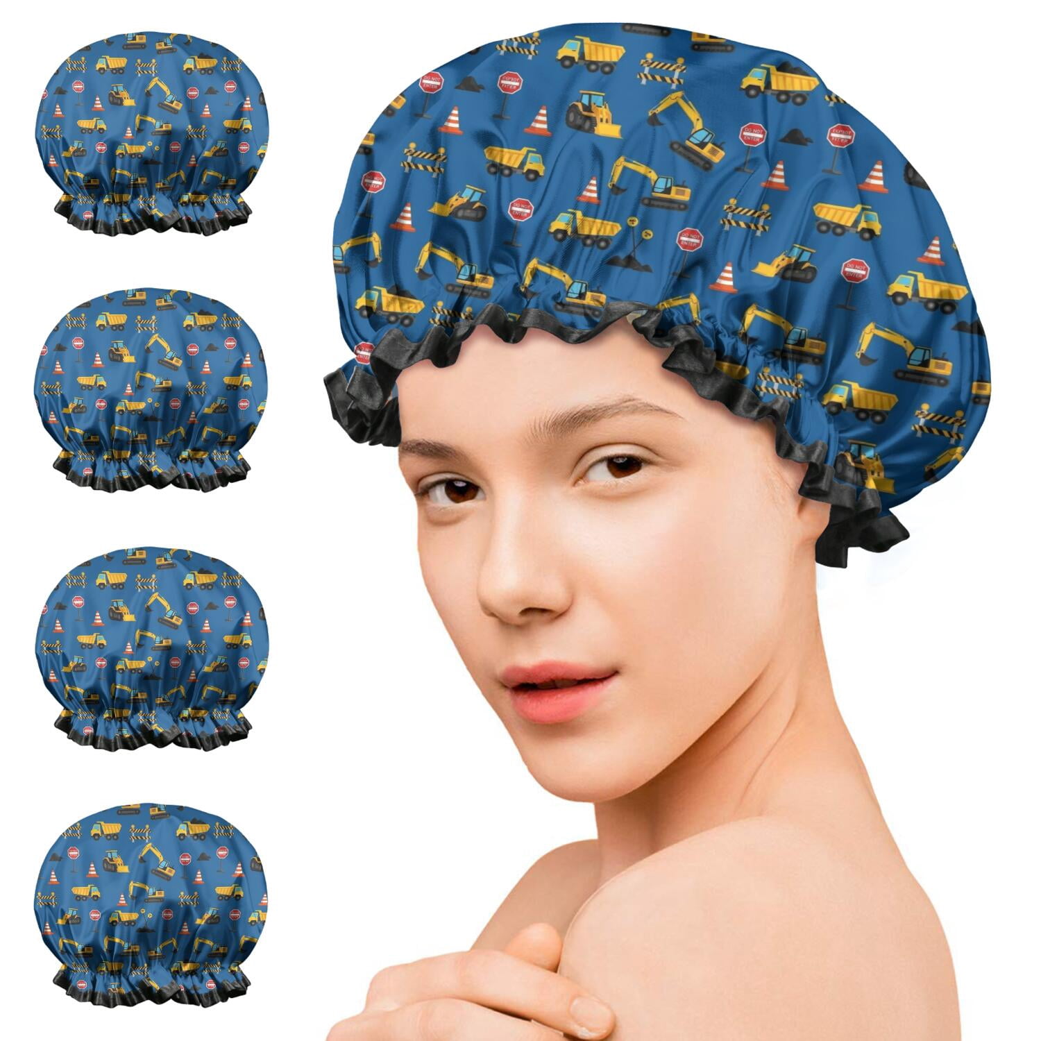 Shower Caps,Cartoon Construction Vehicles Traffic Signs Waterproof Shower Cap for Women 4 Pieces,Double Reusable Hair Cover for Shower PEVA Elastic Stretch Hem