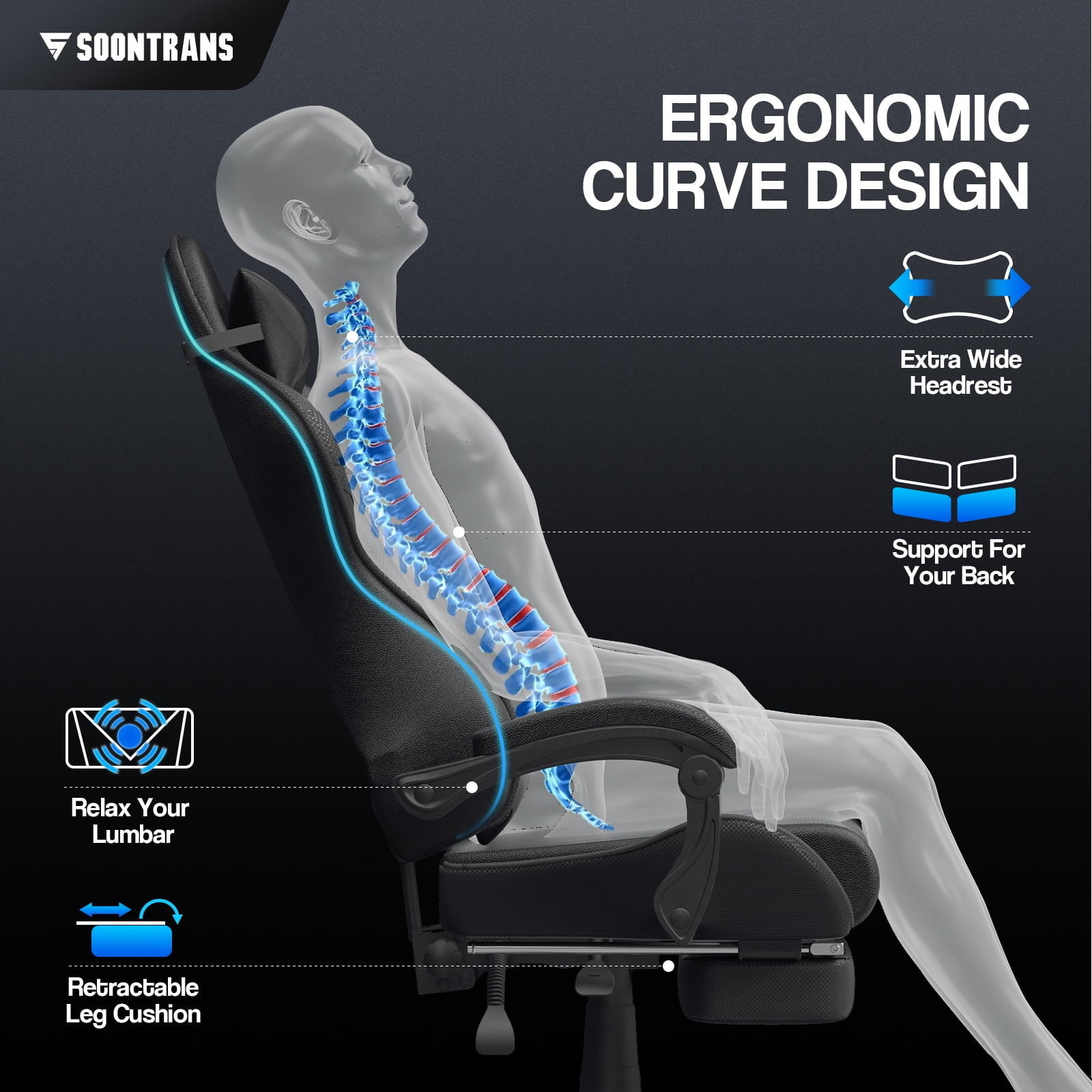 Soontrans Gaming Chair with Footrest and Ergonomic Massage Lumbar Pillow PU Leather Office Chair, Black