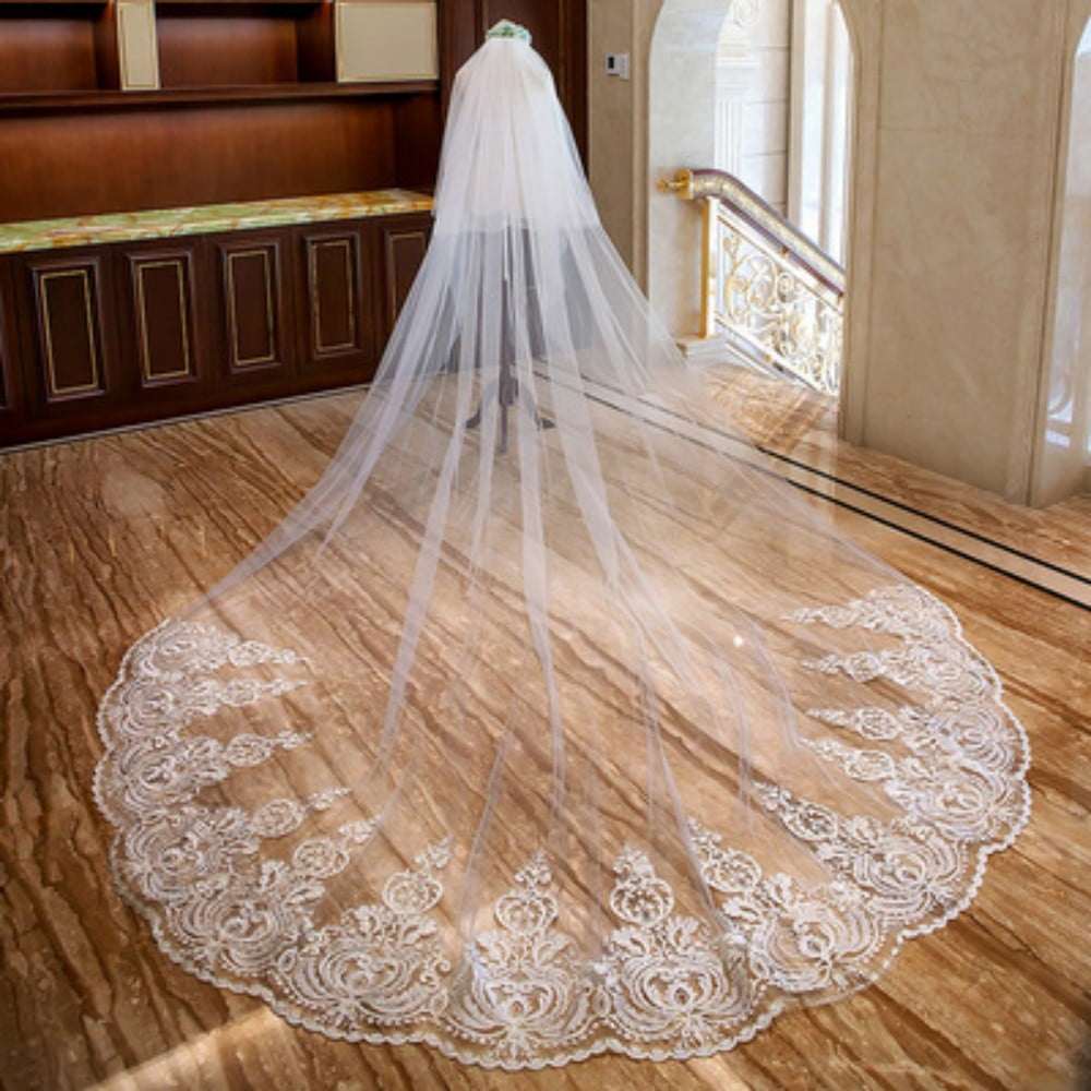 EllieWely 1 Tier Cathedral Length 3.5 M(138 inch) Lace Wedding Bridal Veil  With Metal Comb Ivory 